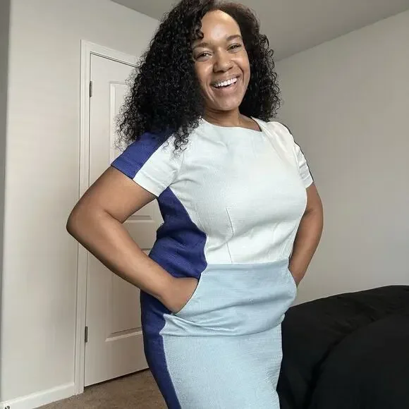 Boden Anthropologie Colorblock Blue Dress Pockets Career Sz 12 Business Stretchy - Picture 9 of 12